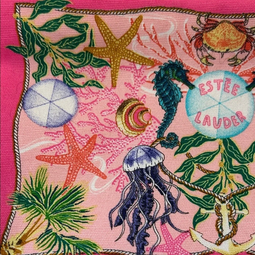 Estee Lauder Vibrant Pink Seahorse Coastal Beach Multicolor Cosmetic Bag NWOT‎